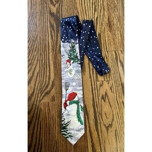 Holidays Men's 100% Silk Christmas Snowman‎ Playing Baseball Snowballs EUC